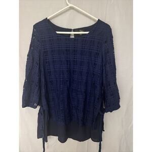Suzanne Betro Navy Blue Boho Lace Top Blouse Size Large Layered Side Ties